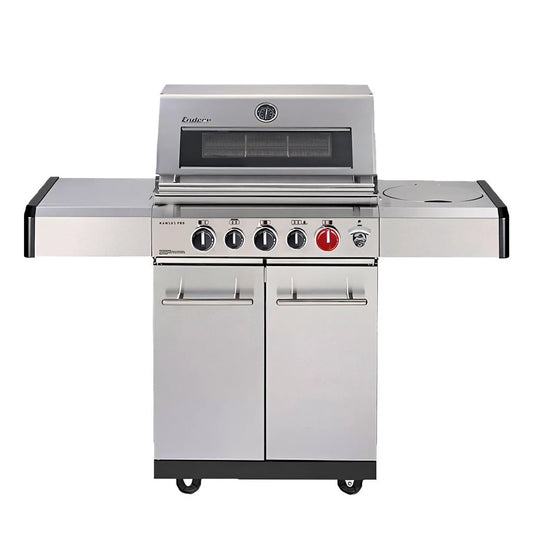 Enders Kansas Pro 3 Sik Turbo stainless steel gas grill with black and silver finish and four control knobs including one red knob