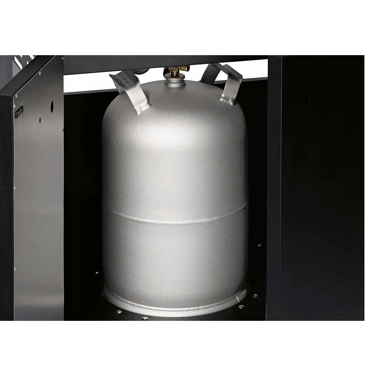 Silver cylindrical metallic gas tank with side handles for enders kansas pro 3 sik turbo gas barbecue en8709