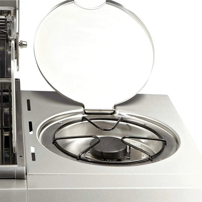 Stainless steel burner with circular lid and black metal grate on enders kansas pro 3 sik turbo gas barbecue en8709