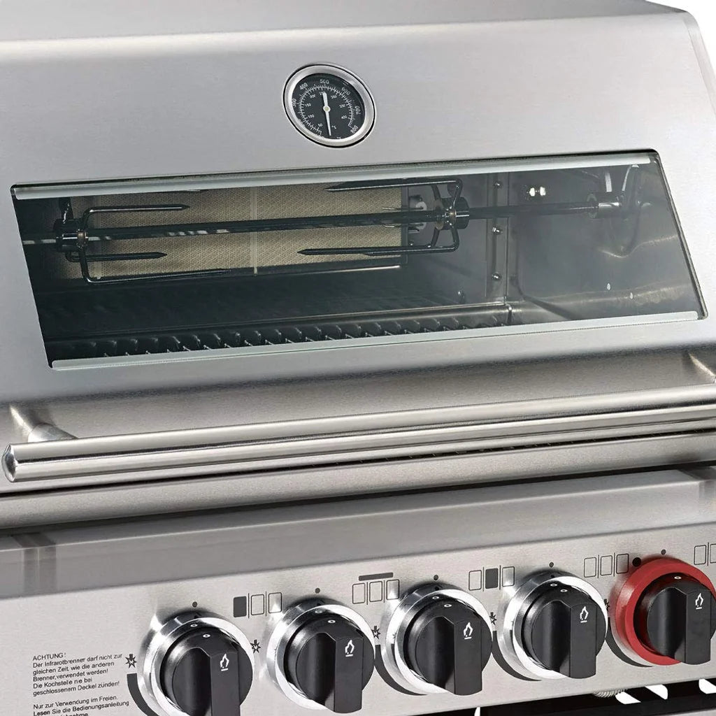 Enders Kansas Pro 3 Sik Turbo stainless steel gas grill with glass door black and red knobs and analog gauge