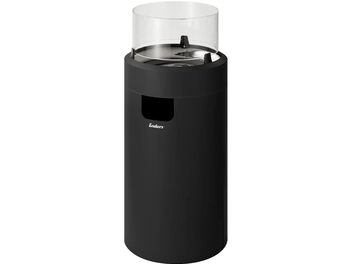 Black cylindrical Enders large NOVA LED flame patio heater with clear glass top designed for outdoor use