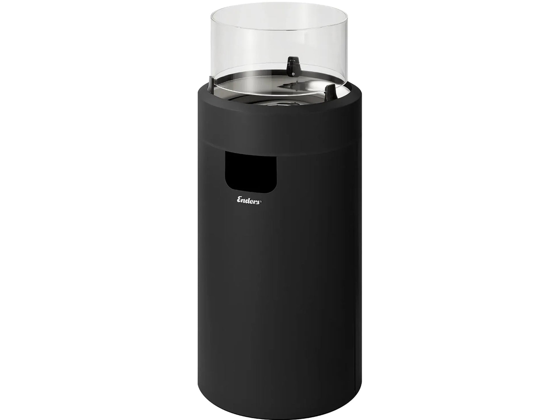 Black cylindrical Enders large NOVA LED flame patio heater with clear glass top designed for outdoor use