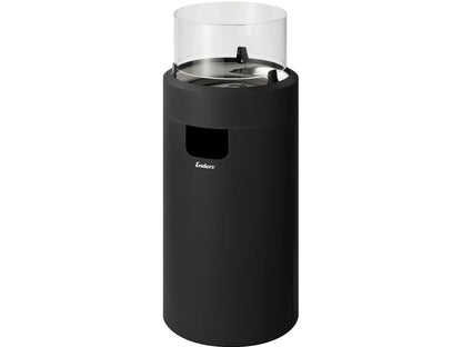 Black cylindrical Enders large NOVA LED flame patio heater with clear glass top designed for outdoor use