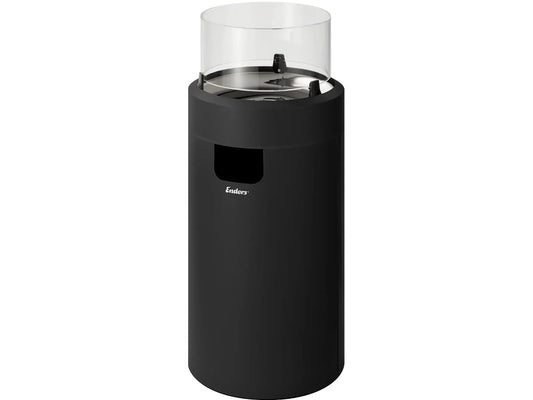 Black cylindrical Enders large NOVA LED flame patio heater with clear glass top designed for outdoor use
