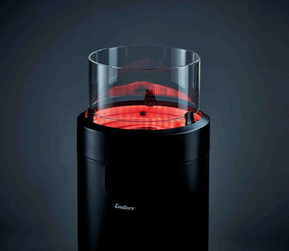 Enders large black nova led flame patio heater with a black cylindrical body and transparent glass top emitting red light