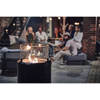 Enders medium black NOVA LED flame patio heater is a black cylindrical outdoor fire pit with clear glass housing the flame