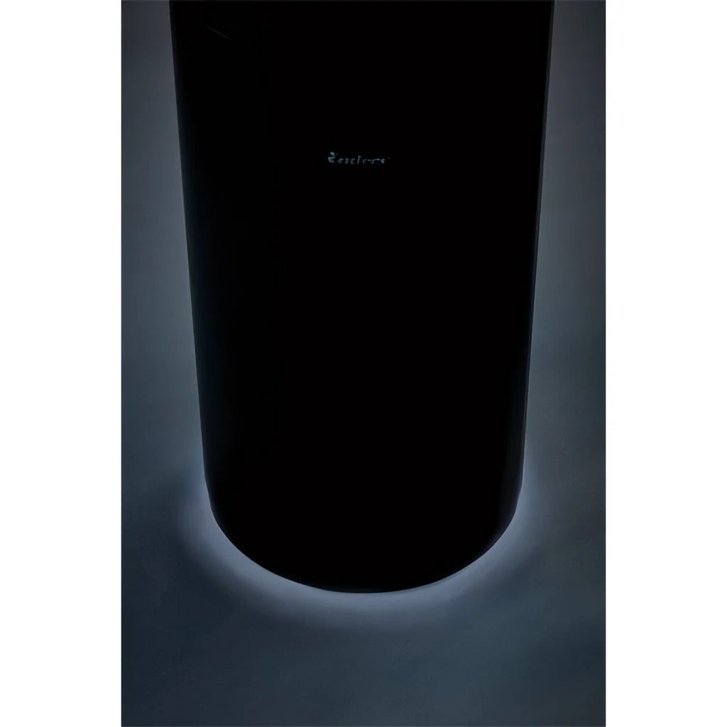 Black cylindrical air purifier with sleek minimalist design and subtle front branding for clean air use