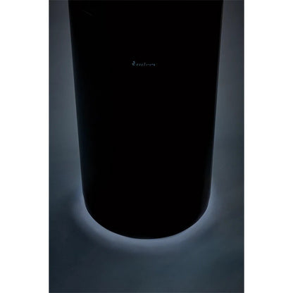 Black cylindrical air purifier with sleek minimalist design and subtle front branding for clean air use