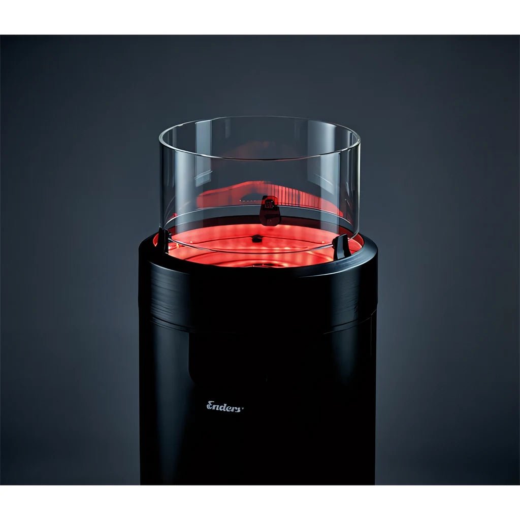 Enders medium black nova led flame patio heater with black cylinder body and transparent glass top showing red heating element