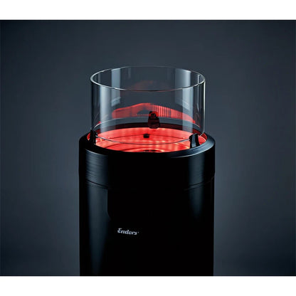 Enders medium black nova led flame patio heater with black cylinder body and transparent glass top showing red heating element