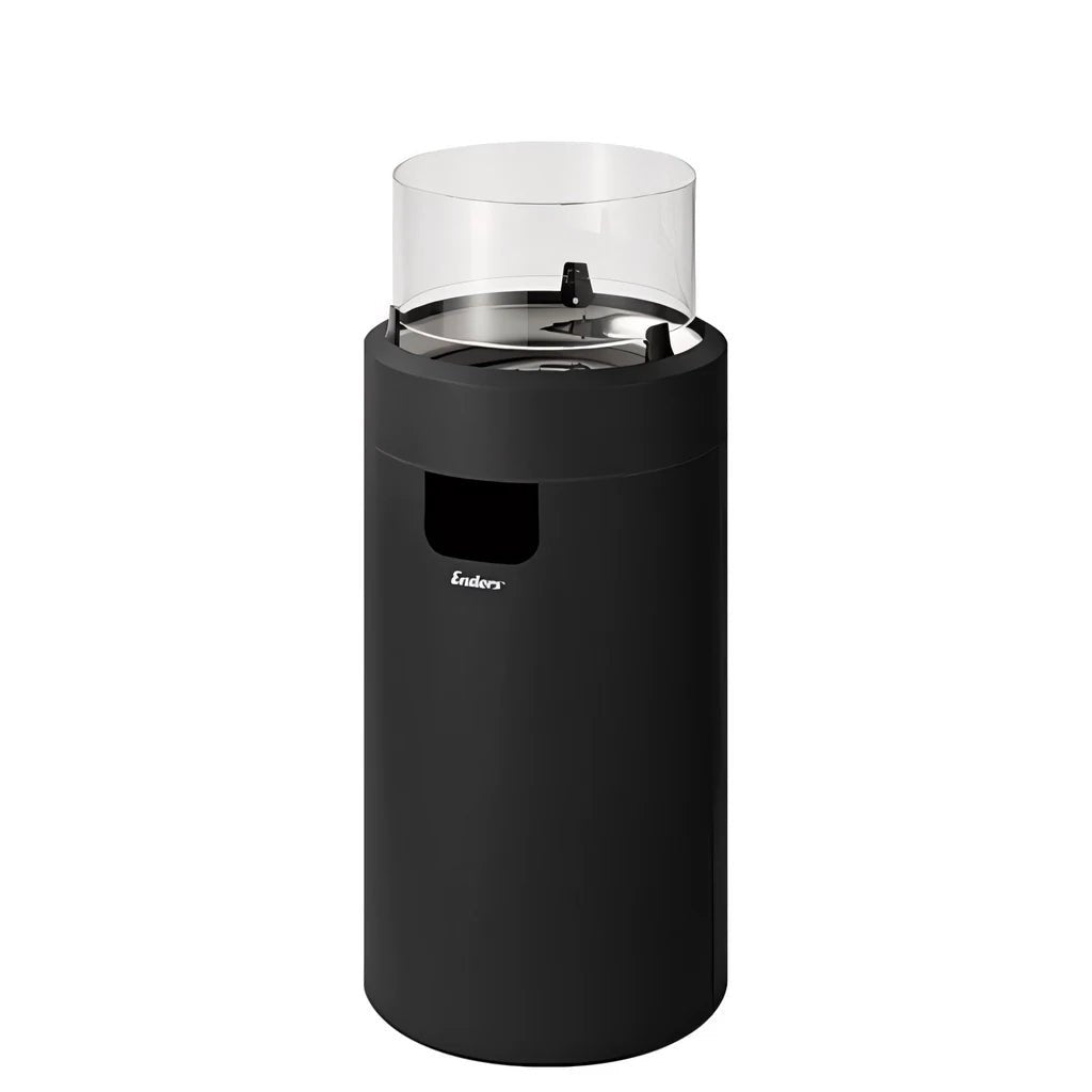 Black cylindrical outdoor gas fire pit with clear glass top and Enders branding from the Enders medium black nova LED flame patio heater EN5600 series