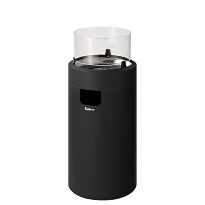 Black cylindrical outdoor gas fire pit with clear glass top and Enders branding from the Enders medium black nova LED flame patio heater EN5600 series