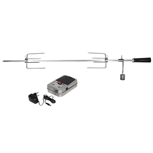 Silver electric rotisserie with black handle and four metal arms plus digital controller for Enders Monroe 3 4 Gas BBQ EN7903