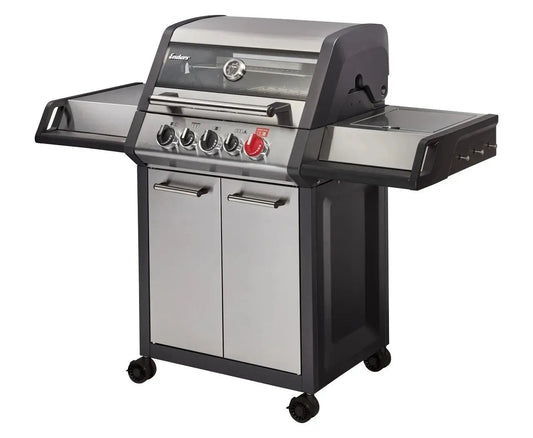 Enders Monroe Pro 3 Sik stainless steel and black gas grill with four burners red control knob side shelves and storage cabinets