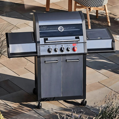 Black and silver Enders Monroe Pro 3 Sik gas barbecue with four control knobs red ignition button and side shelves