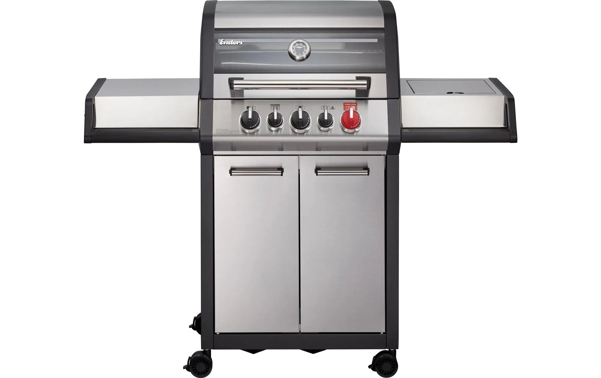 Enders monroe pro 3 sik stainless steel and black gas grill with four control knobs red burner knob and built-in thermometer