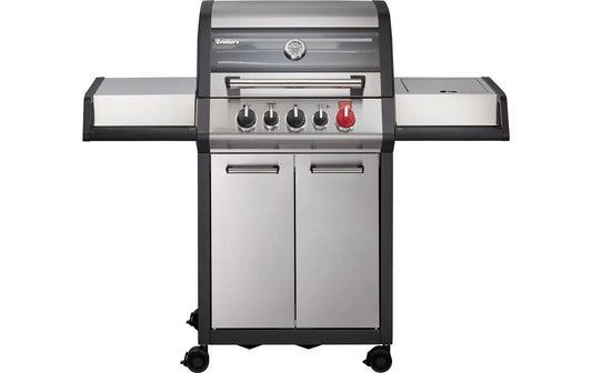 Enders monroe pro 3 sik stainless steel and black gas grill with four control knobs red burner knob and built-in thermometer