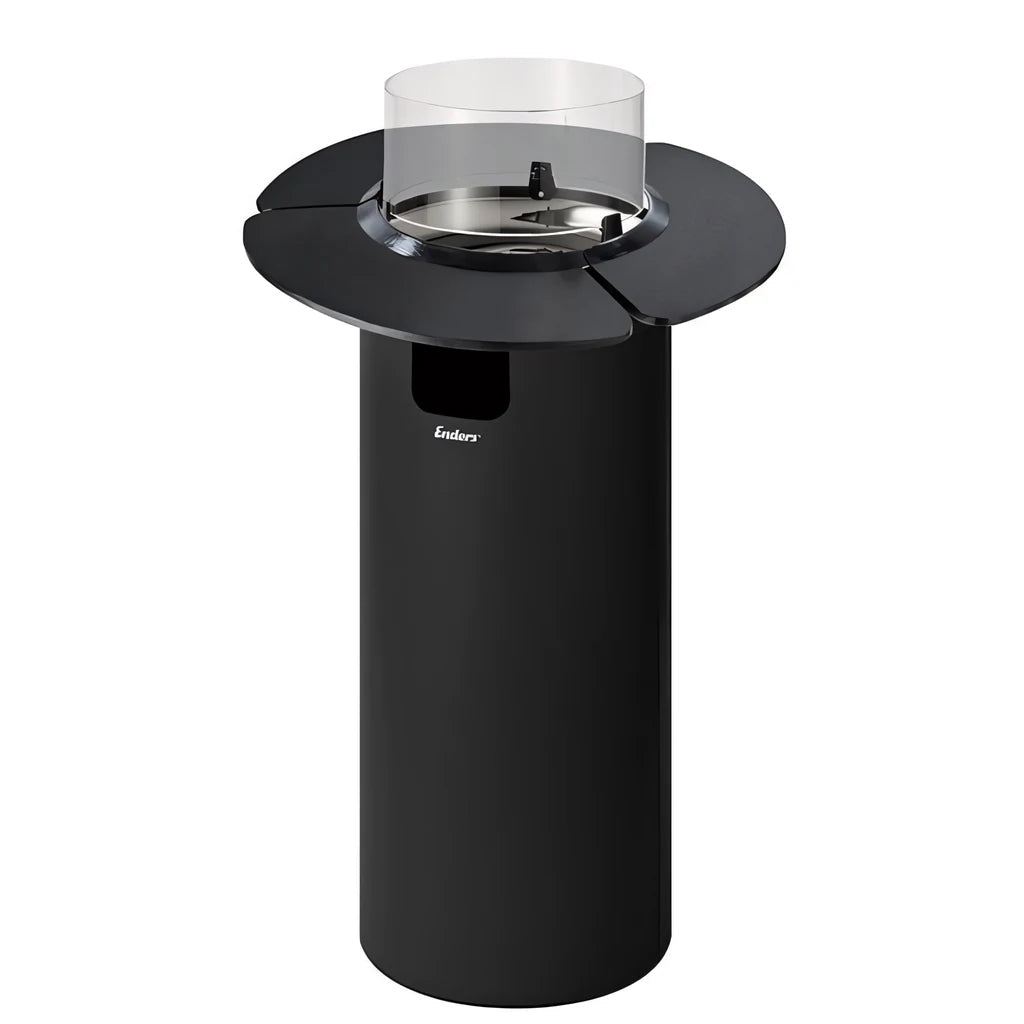 Black cylindrical outdoor gas fire pit with transparent glass top and modern design from enders nova led flame patio heater shelf set