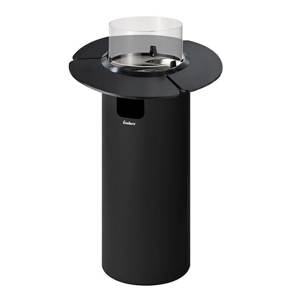 Black cylindrical outdoor gas fire pit with transparent glass top and modern design from enders nova led flame patio heater shelf set