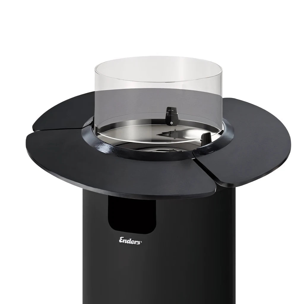 Enders NOVA LED flame patio heater shelf set with black cylindrical outdoor gas fire pit featuring clear glass top and metallic burner
