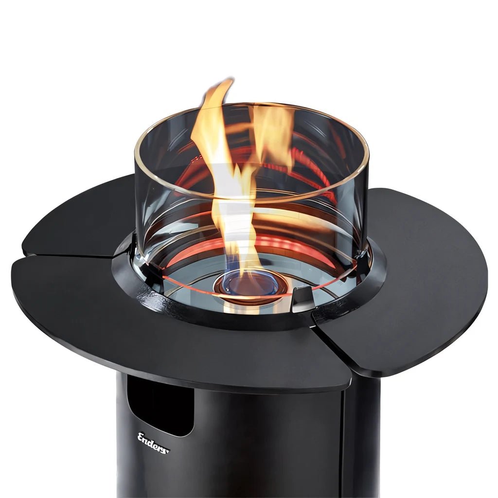 Black cylindrical Enders NOVA LED flame patio heater shelf set with clear glass flame holder and glowing orange flames