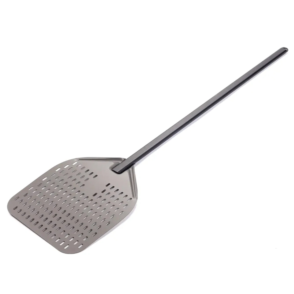 Silver fontana carbon-aluminum pizza peel with long handle and perforated blade 120 cm for easy pizza handling
