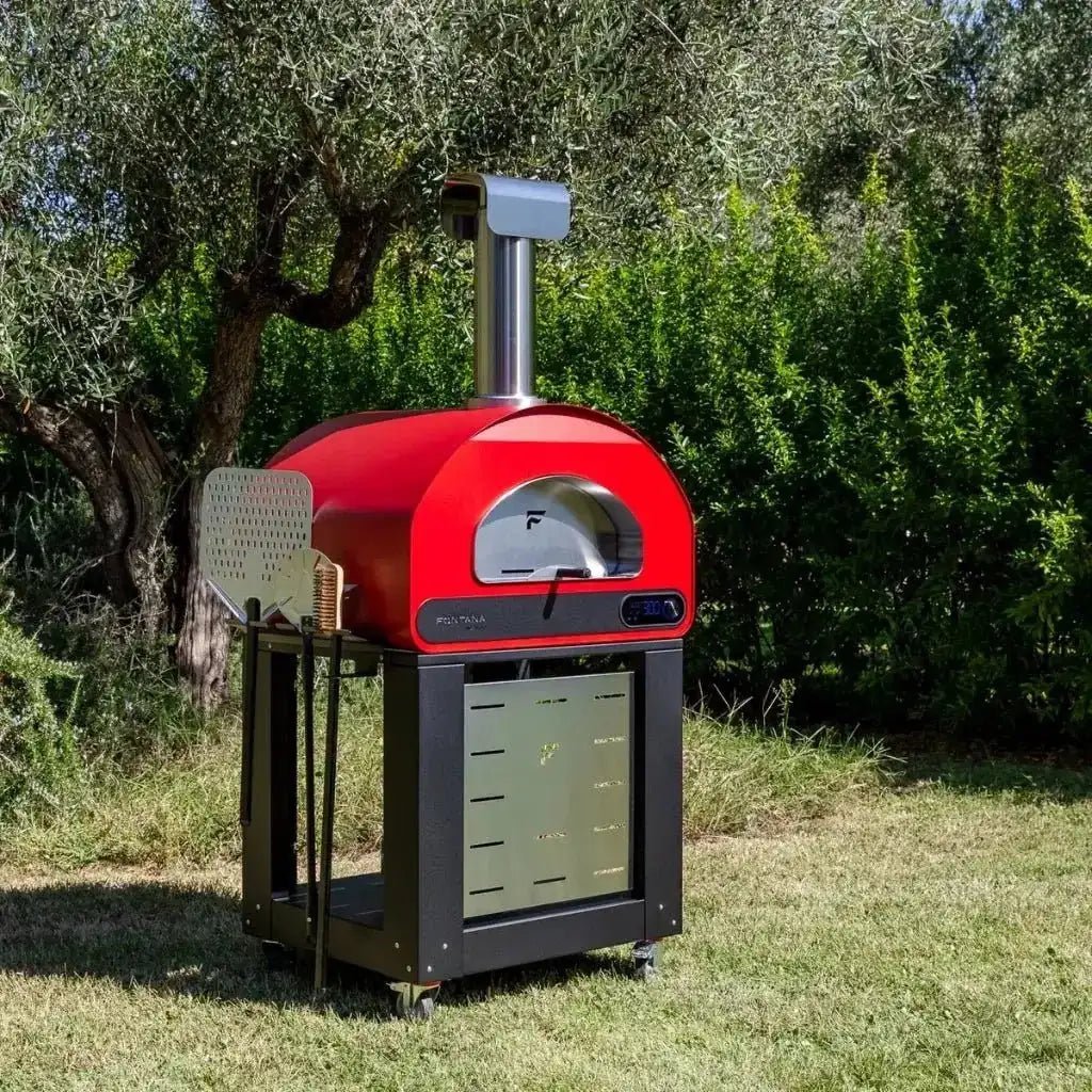 Fontana Forni Volta 70 dual fuel outdoor pizza oven in red and black with stainless steel chimney and digital display