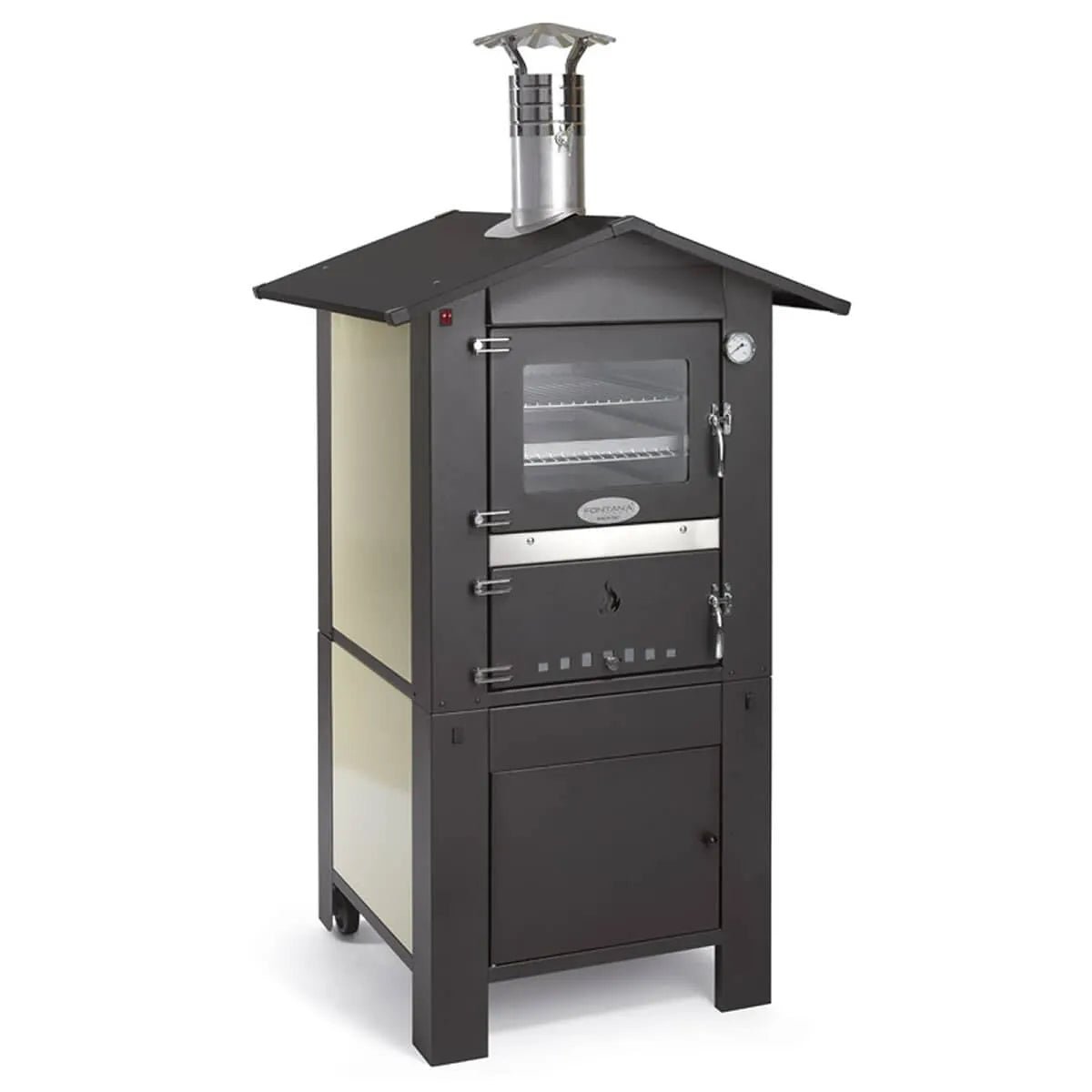 Black and cream outdoor wood-fired Fontana Forno Italia oven with glass doors and stainless steel chimney compartments
