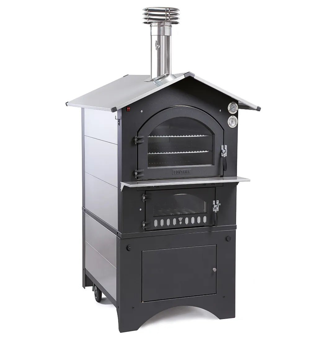 Fontana Gusto outdoor oven in black and stainless steel with two tiers wood-fired design and chimney for outdoor cooking