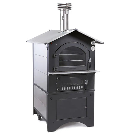 Fontana Gusto outdoor oven in black and stainless steel with two tiers wood-fired design and chimney for outdoor cooking
