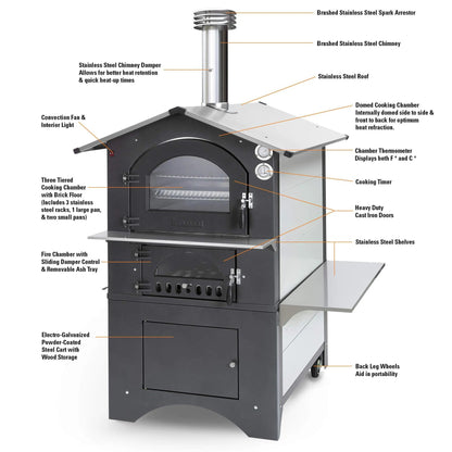 Fontana Gusto outdoor oven black stainless steel pizza oven with domed chamber cast iron doors and brushed metal chimney