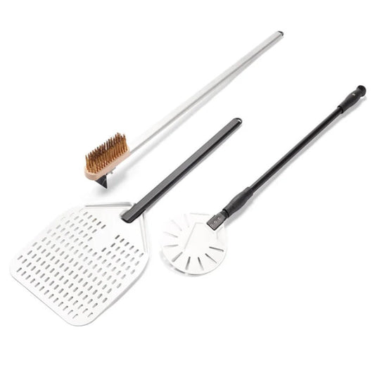 Black-handled Fontana kit pizzaiolo 3 tools with perforated metal spatula, round palino scraper, and bristle brush for oven use