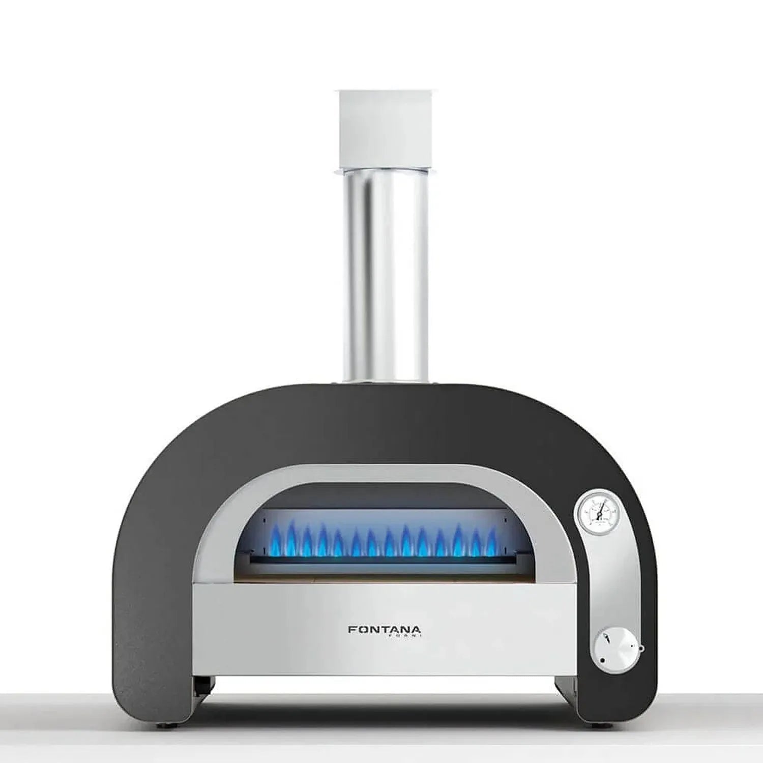 Fontana Maestro 60 gas countertop pizza oven in black and stainless steel with curved design and blue gas flames inside