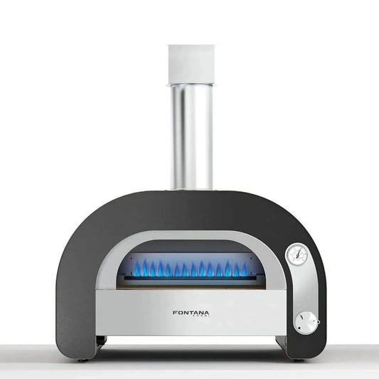 Fontana Maestro 60 gas countertop pizza oven in black and stainless steel with curved design and blue gas flames inside