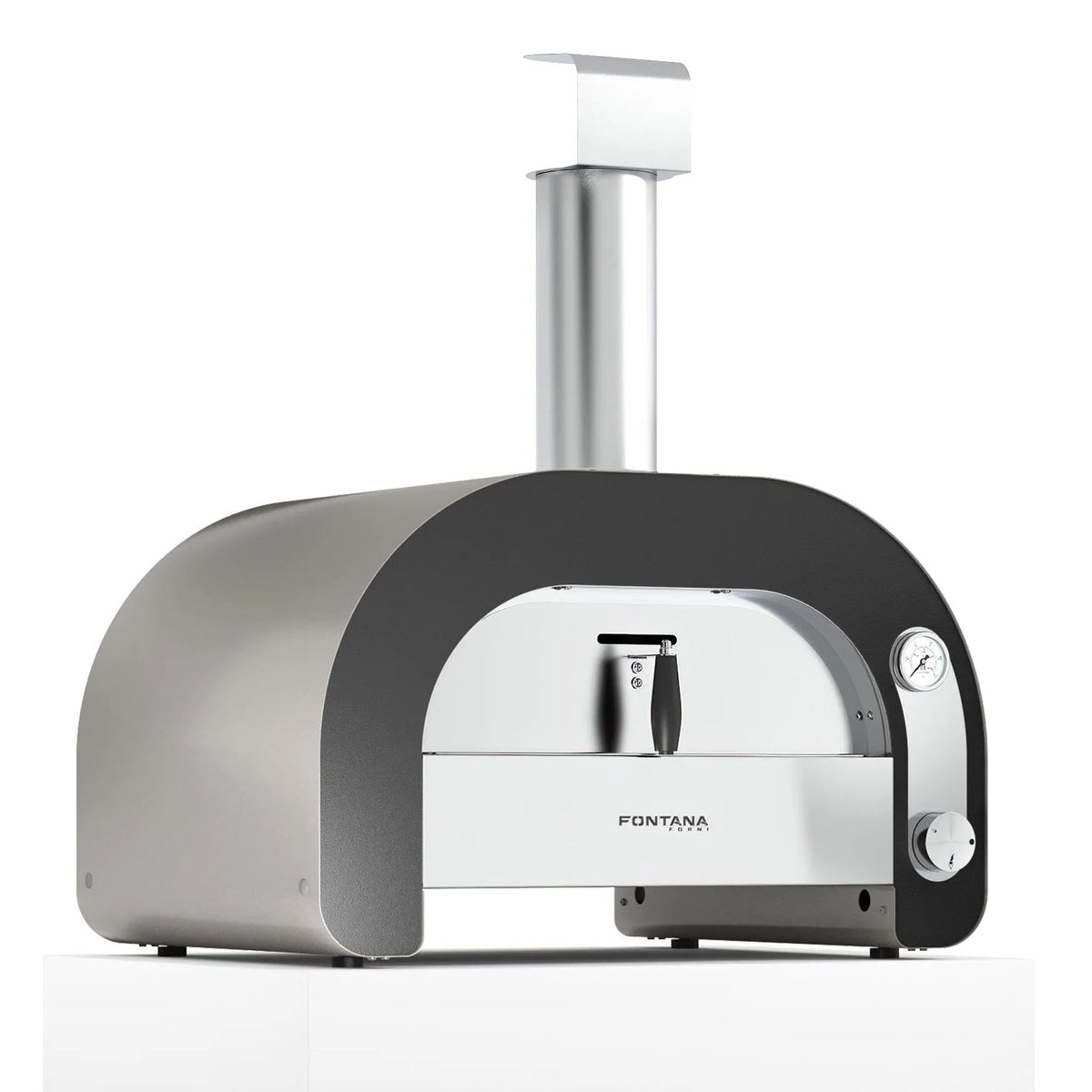 Fontana Maestro 60 gas countertop pizza oven with a sleek stainless steel and black arched wood-fired design and polished chimney