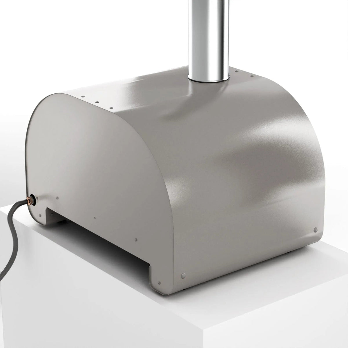 Stainless steel Fontana Maestro 60 gas countertop pizza oven with sleek curved design and vertical chimney for outdoor use