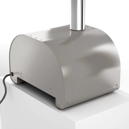 Stainless steel Fontana Maestro 60 gas countertop pizza oven with sleek curved design and vertical chimney for outdoor use