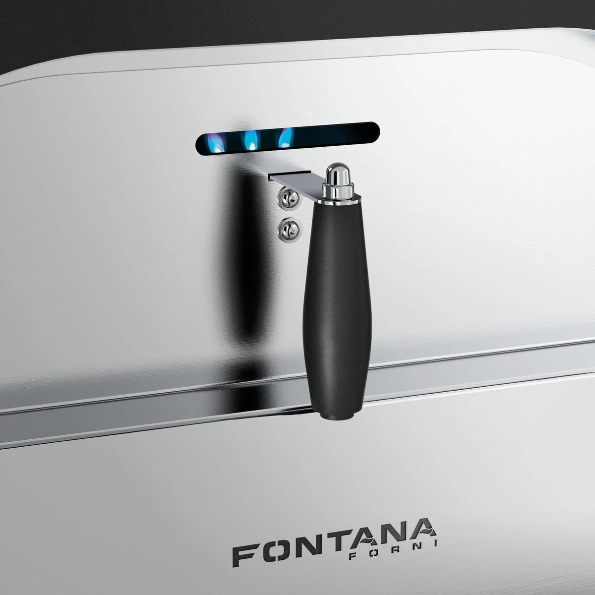 Silver stainless steel Fontana Maestro 60 gas countertop pizza oven with black handle and blue flame ignition