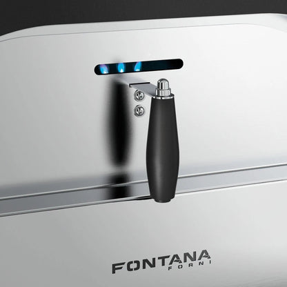 Silver stainless steel Fontana Maestro 60 gas countertop pizza oven with black handle and blue flame ignition