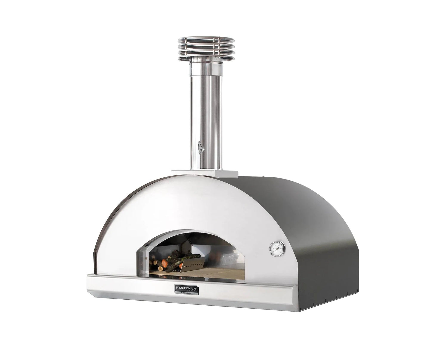 Stainless steel and matte black fontana mangiafuoco anthracite wood-fired pizza oven with curved dome chimney and wood logs inside