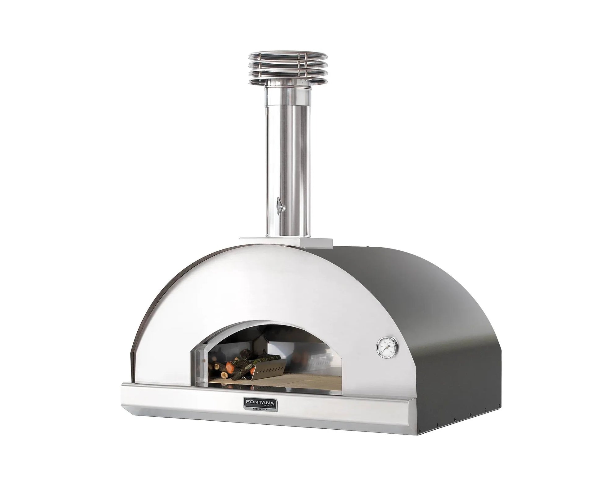 Stainless steel and matte black fontana mangiafuoco anthracite wood-fired pizza oven with curved dome chimney and wood logs inside