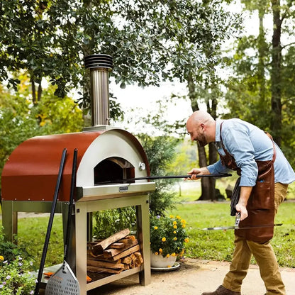 Fontana Mangiafuoco anthracite build in red and white stainless steel outdoor wood-fired pizza oven with tall chimney