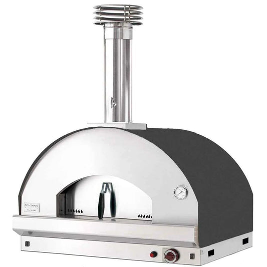 Fontana Mangiafuoco anthracite stainless steel and black enamel wood-fired countertop dual fuel pizza oven with chimney and controls