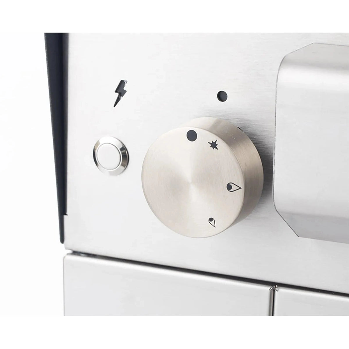 Stainless steel control knob with black icon markings on fontana mangiafuoco anthracite dual fuel pizza oven