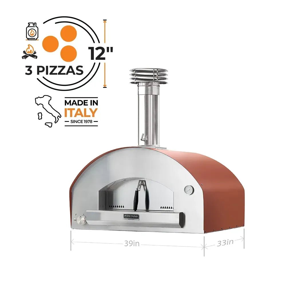 Fontana Mangiafuoco anthracite countertop dual fuel pizza oven with polished stainless steel front and terracotta curved sides