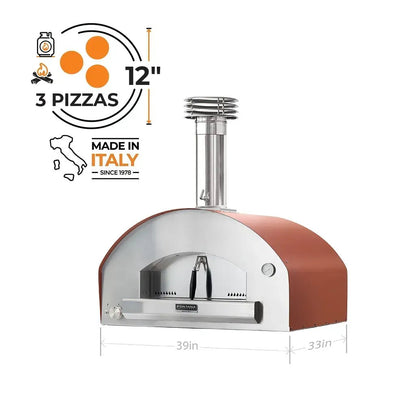 Fontana Mangiafuoco anthracite countertop dual fuel pizza oven with polished stainless steel front and terracotta curved sides