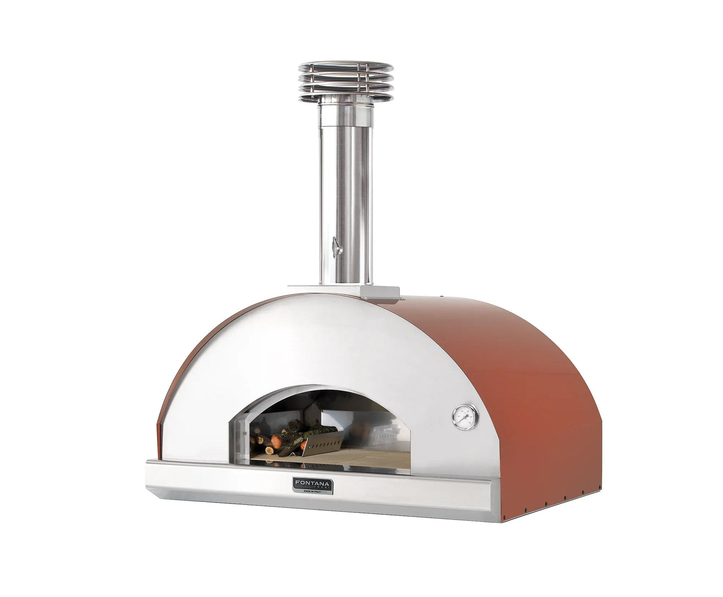 Copper and stainless steel fontana mangiafuoco rosso build in wood fired pizza oven with curved dome chimney and pressure gauge
