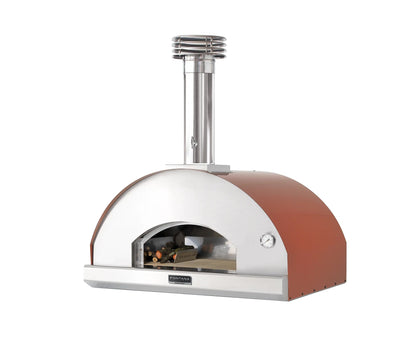 Copper and stainless steel fontana mangiafuoco rosso build in wood fired pizza oven with curved dome chimney and pressure gauge