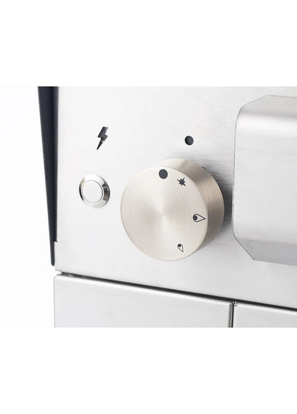 Stainless steel control knob with engraved icons on the Fontana Mangiafuoco Rosso countertop dual fuel pizza oven