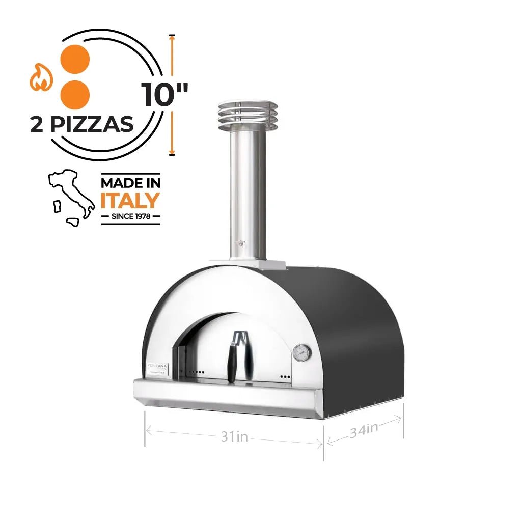 Fontana Margherita anthracite wood-fired pizza oven in stainless steel and matte black with tall chimney for outdoor use